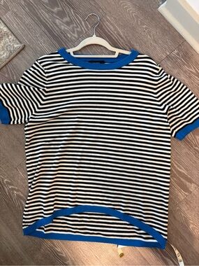 Striped Black & White Short Sleeve Top with Blue Trim